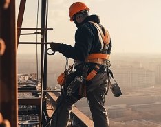 Construction worker on tall scaffolding with city in background