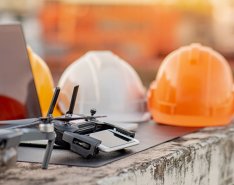 3 hard hats on table with laptop & tech