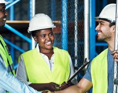 Workers in green vests and hard hats smiling and shaking hands